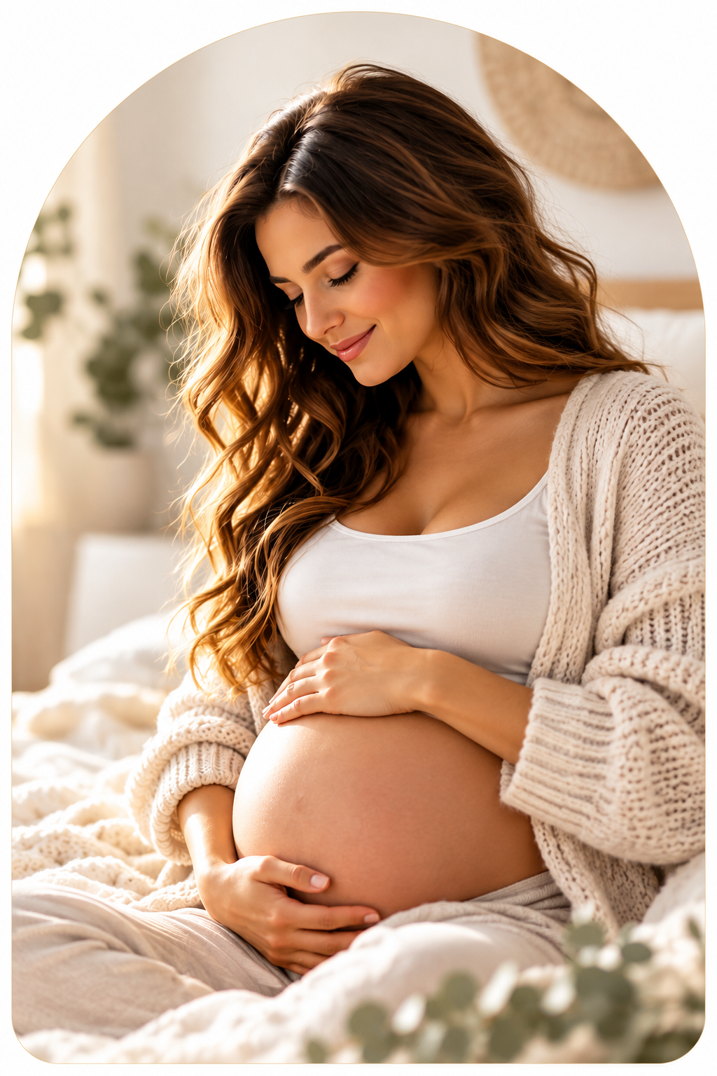 Pregnant woman gently holding her belly