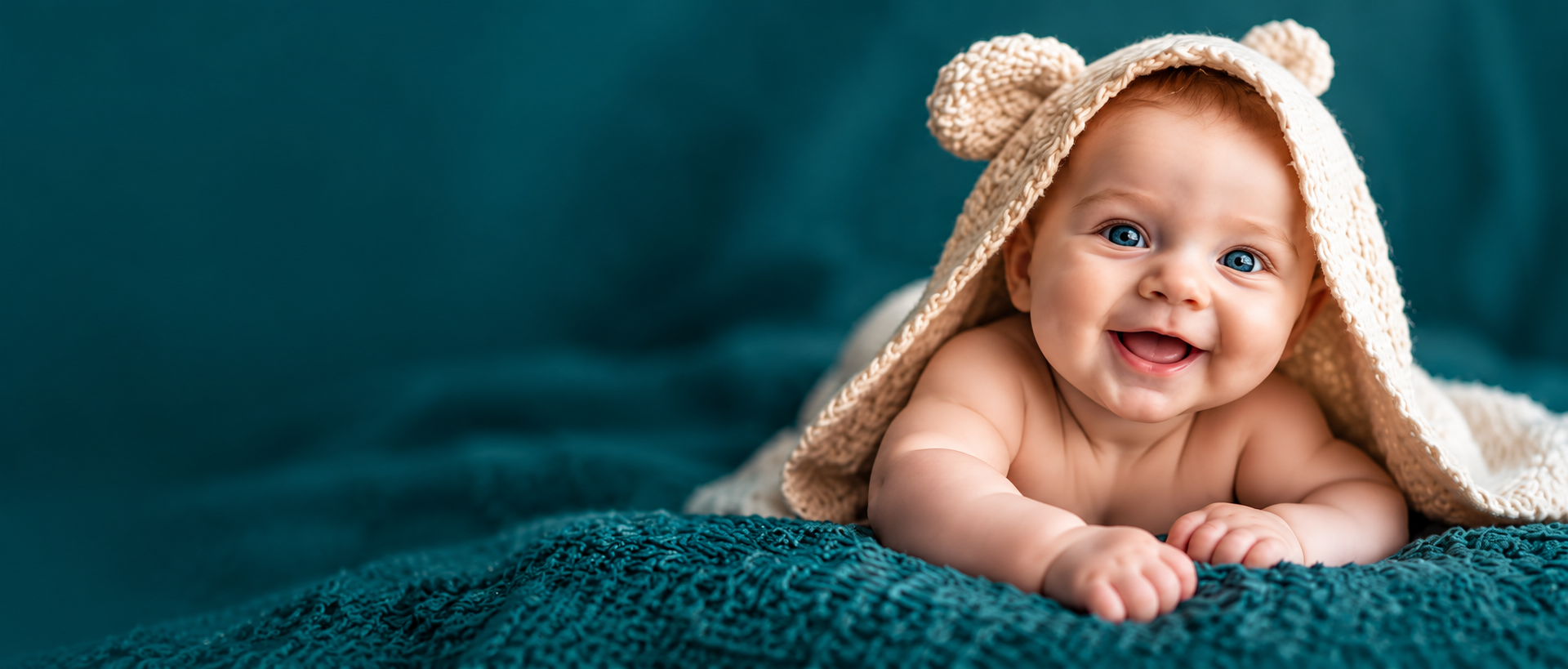 Smiling baby resting on a soft teal blanket